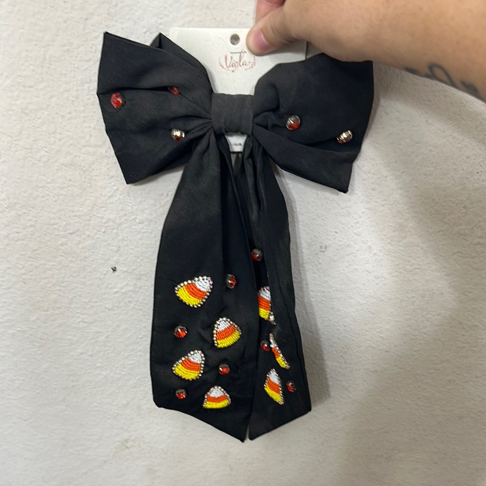Black Bow with Candy Corn Design